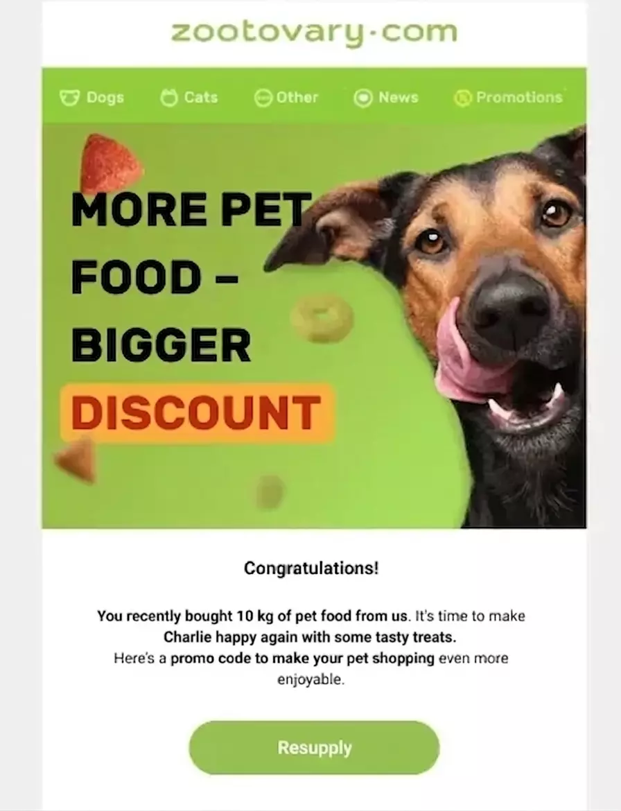 A replenishment reminder email for a pet store A replenishment reminder email for a pet store
