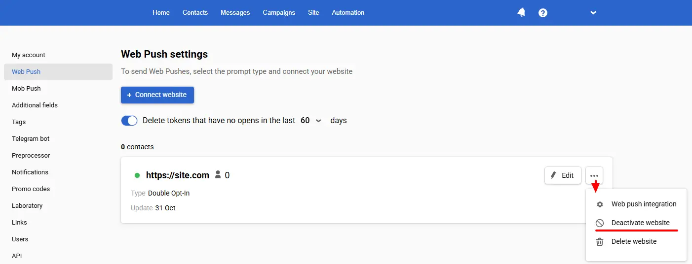 Deactivate website Deactivate website