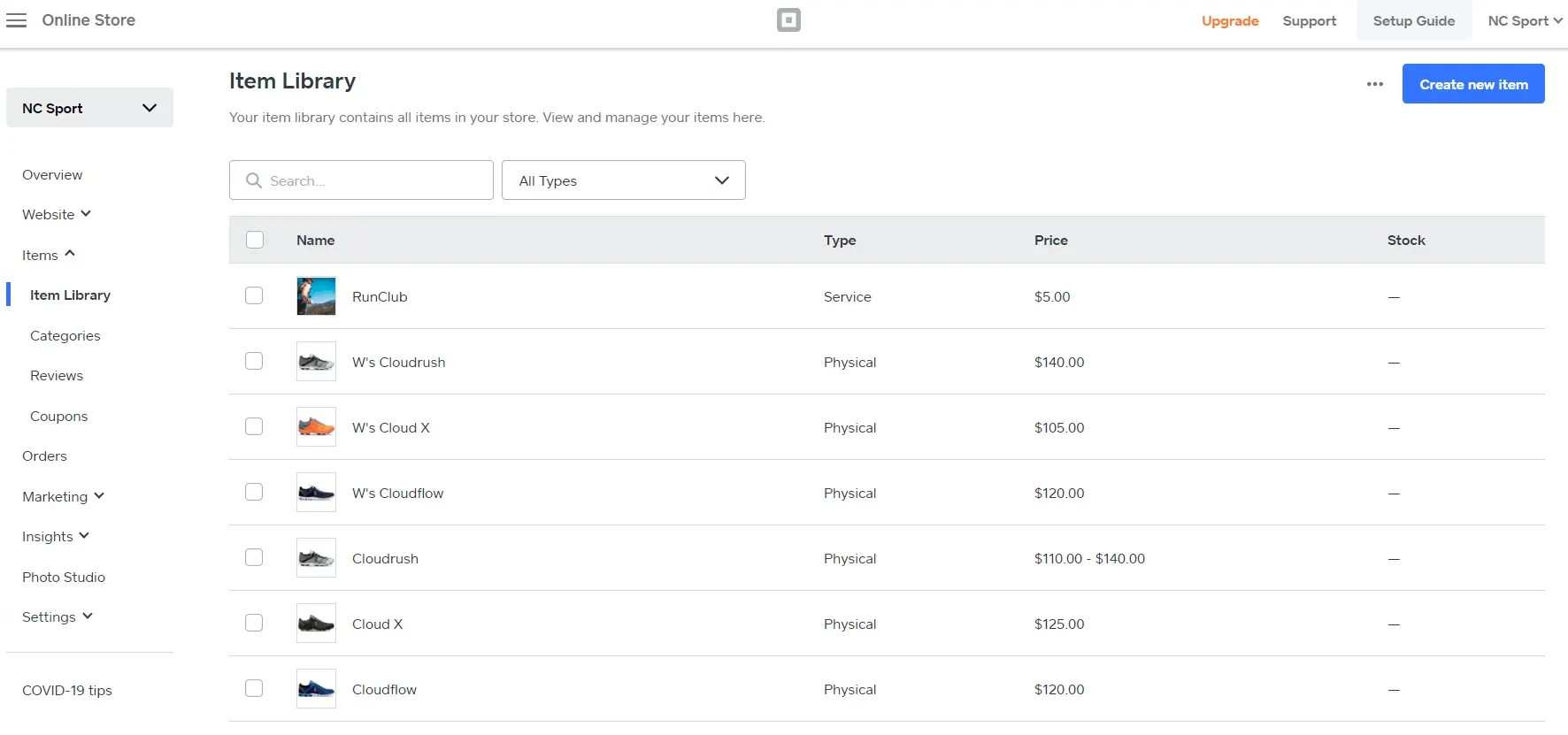 Square Online interface