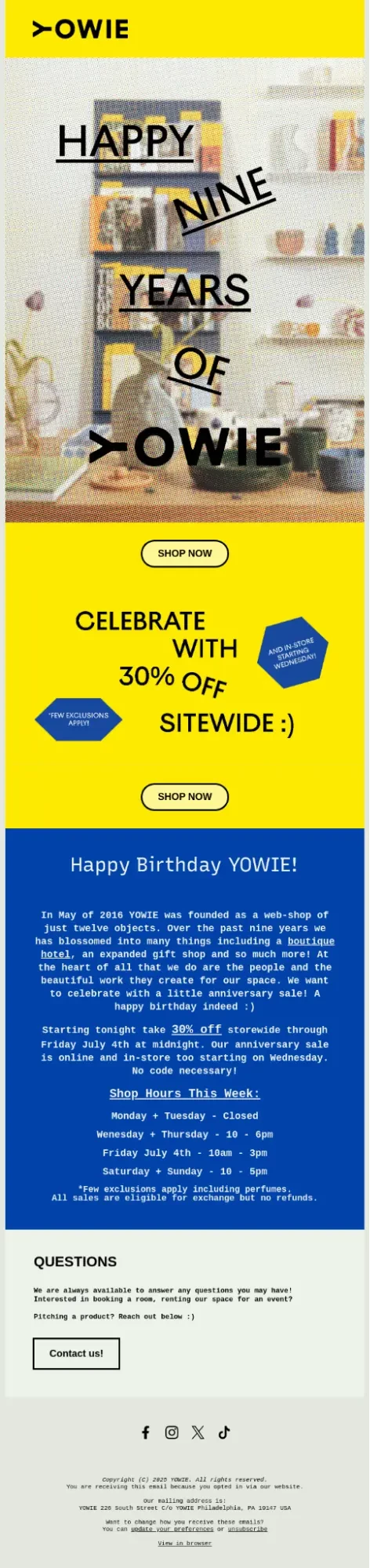 An ecommerce brand celebrated its birthday by giving promo codes to its customers