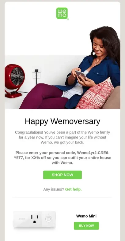 An example of the anniversary email