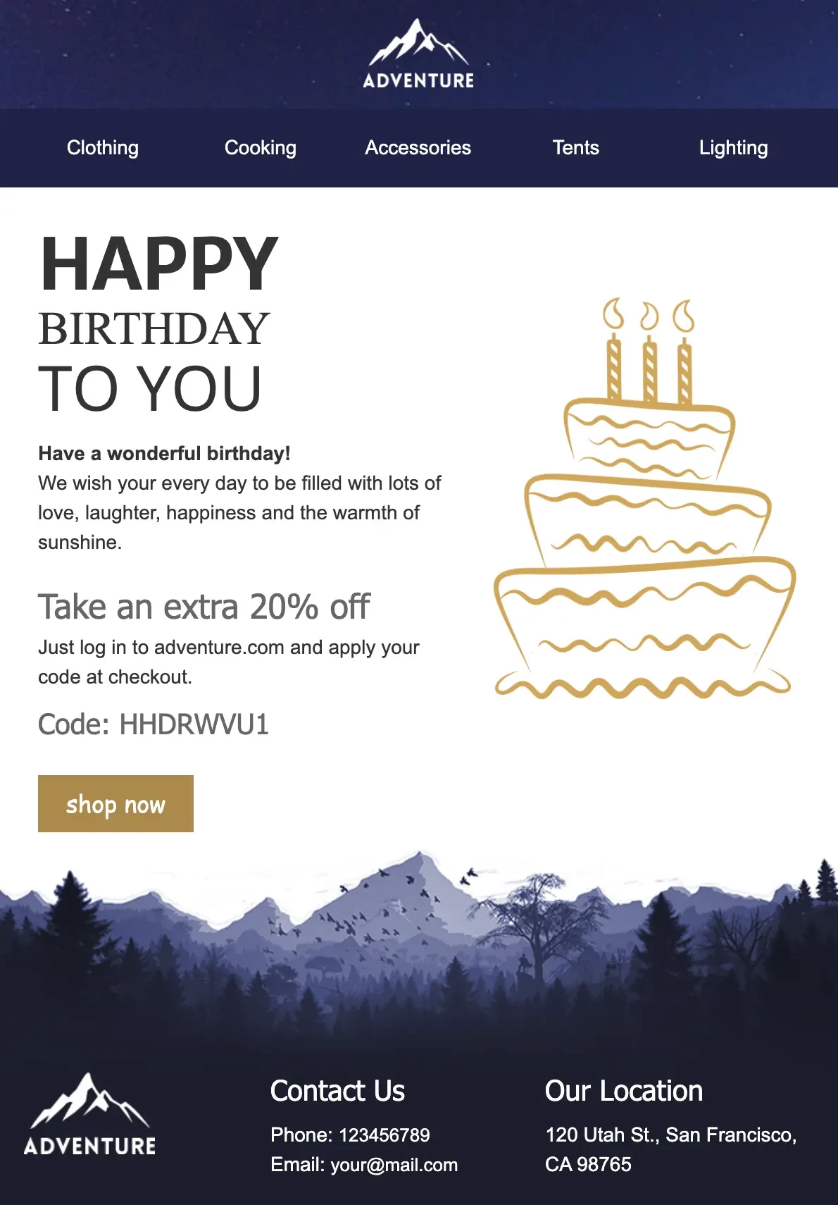 An example of a birthday email with a promo code