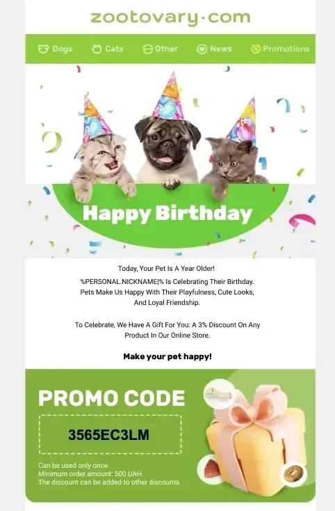 ’’Happy birthday to your pet’’ triggered email
