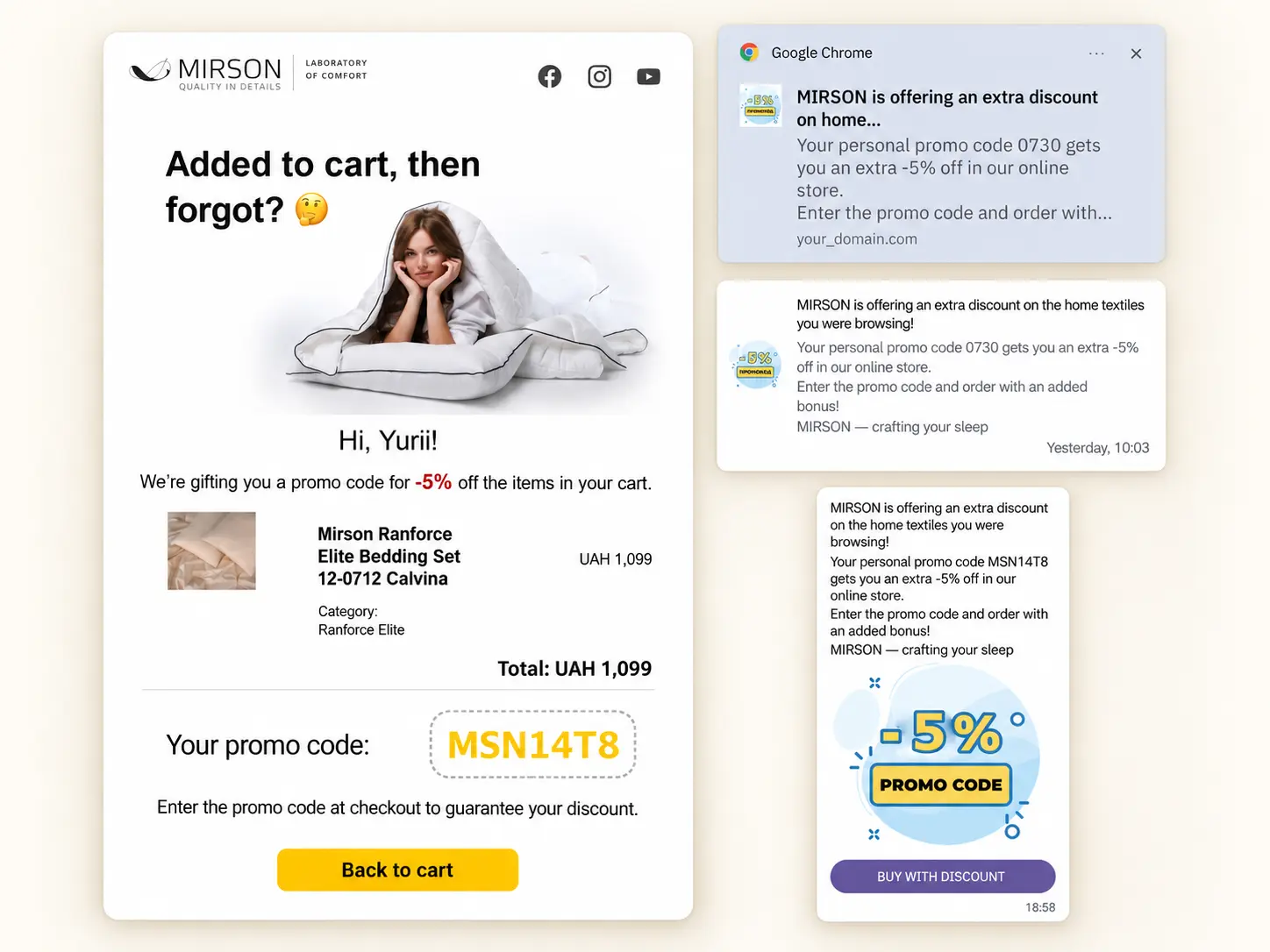 “Abandoned Cart” promo code messages from MIRSON across different channels “Abandoned Cart” promo code messages from MIRSON across different channels