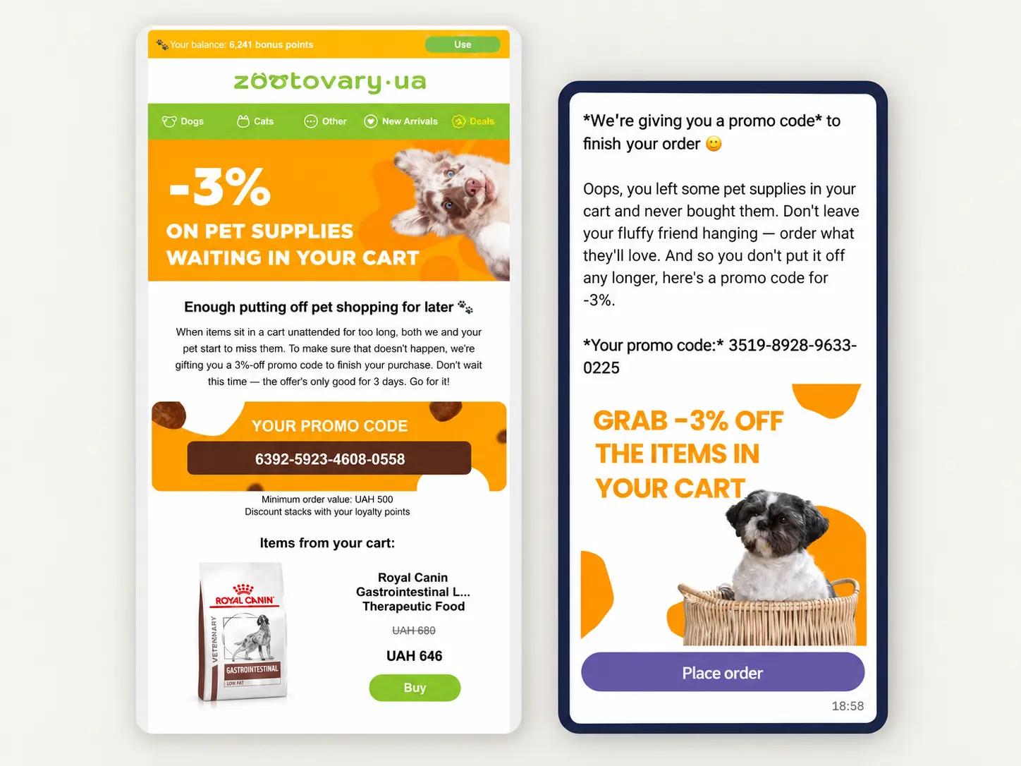 Email and Viber promo code messages at Zootovary Email and Viber promo code messages at Zootovary