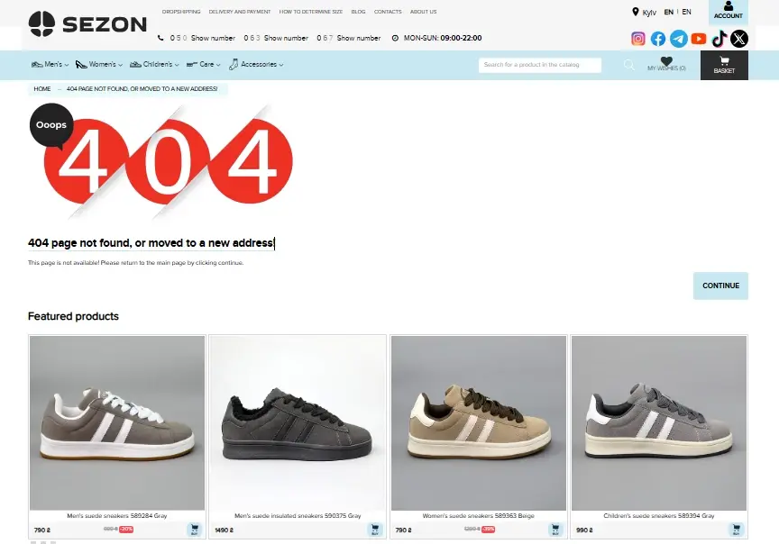 Example of recommendations on a 404 page