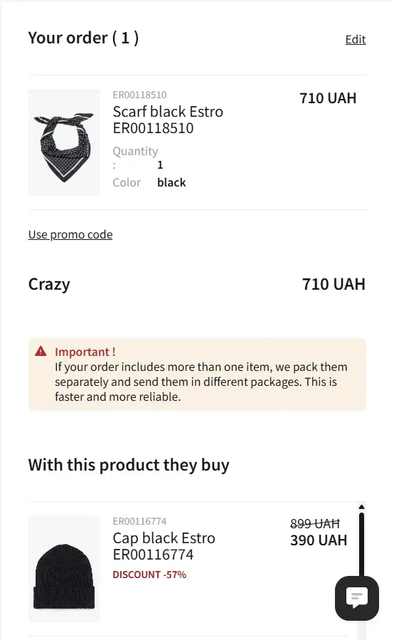 Recommendations on the Estro cart page