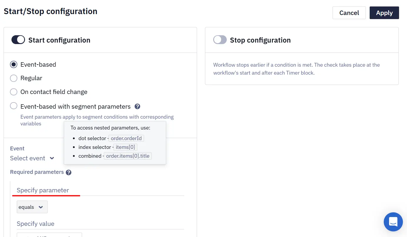 Workflow start/stop configuration Workflow start/stop configuration