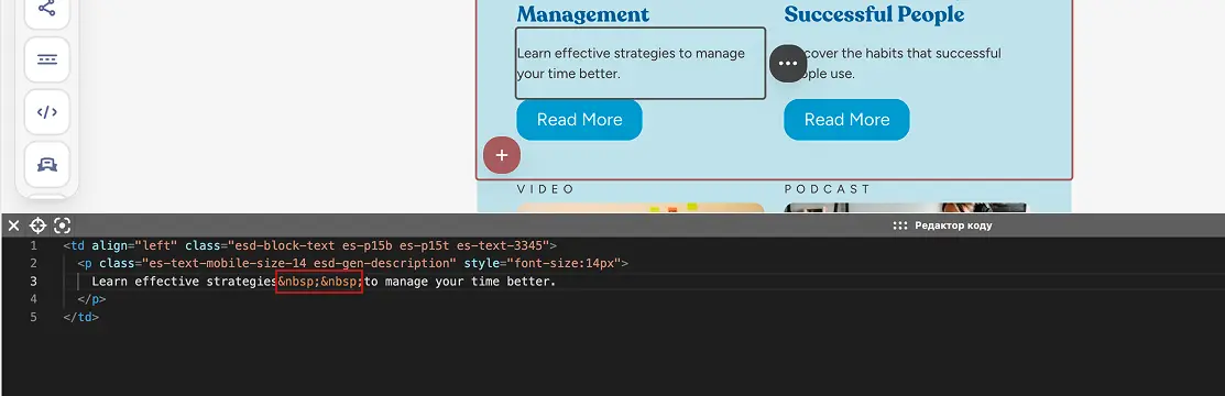 Widok kodu HTML w edytorze Yespo z przykładem nadmiarowych znaczników