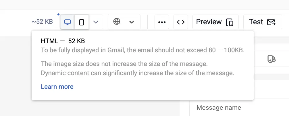 Rozmiar wiadomości e‑mail w edytorze Yespo