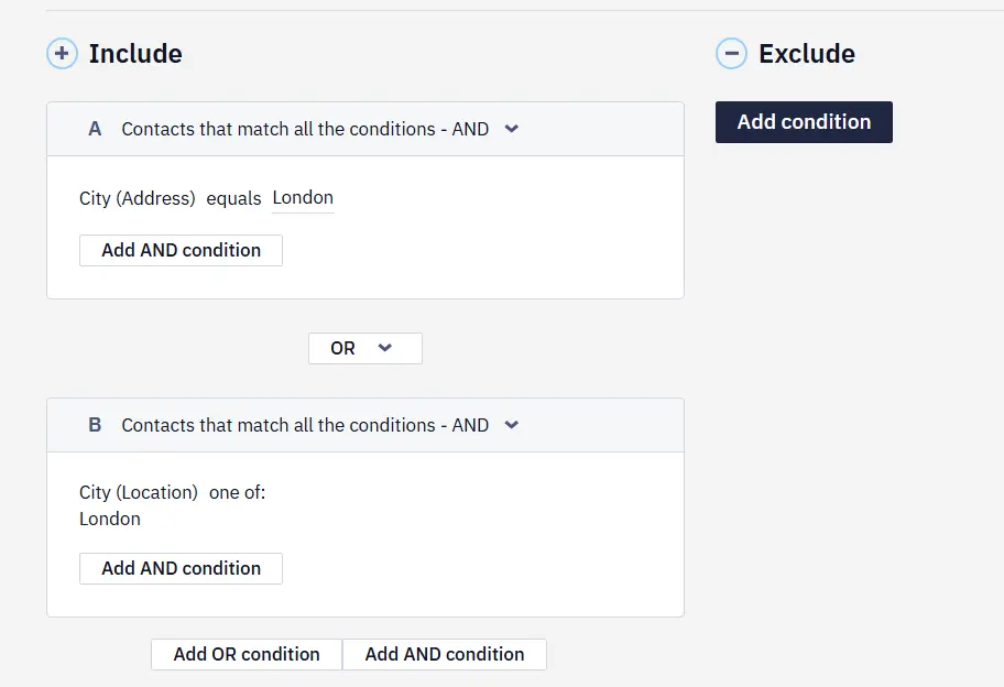 Separate geographic conditions in the segment builder Separate geographic conditions in the segment builder