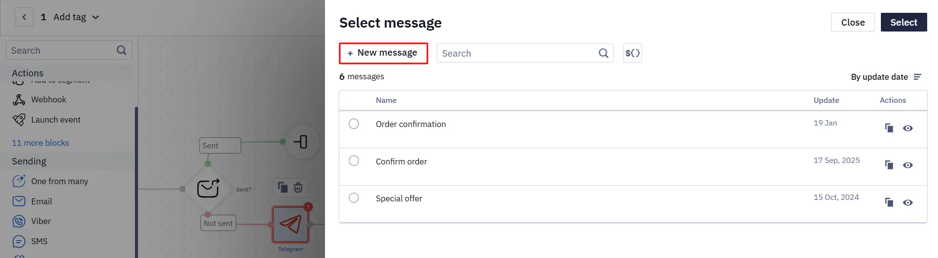 A Telegram message in the workflow editor A Telegram message in the workflow editor