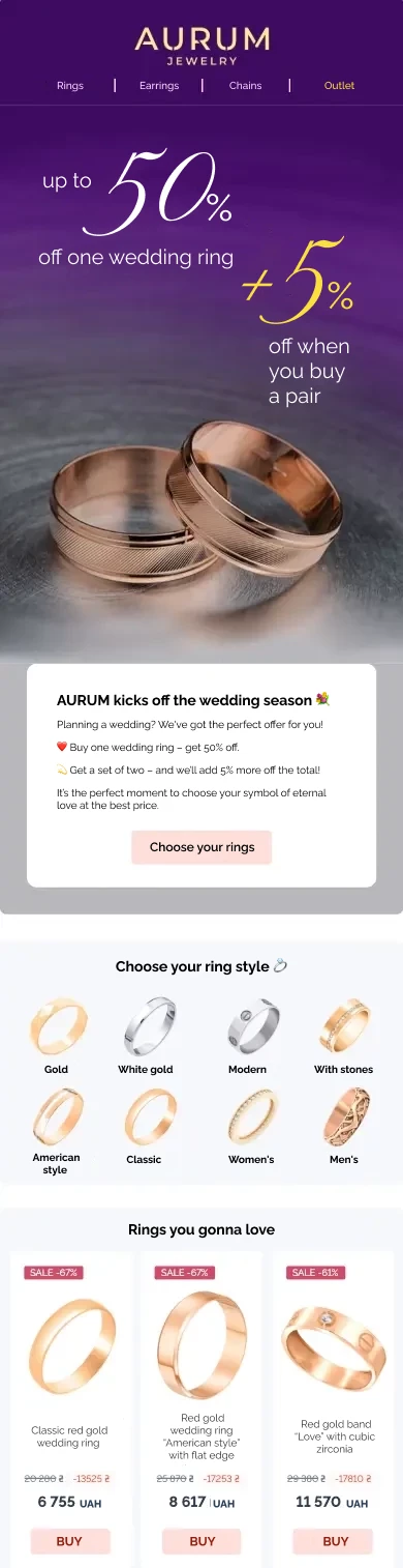 Promo email with personalized recommendations for those who are interested in engagement rings