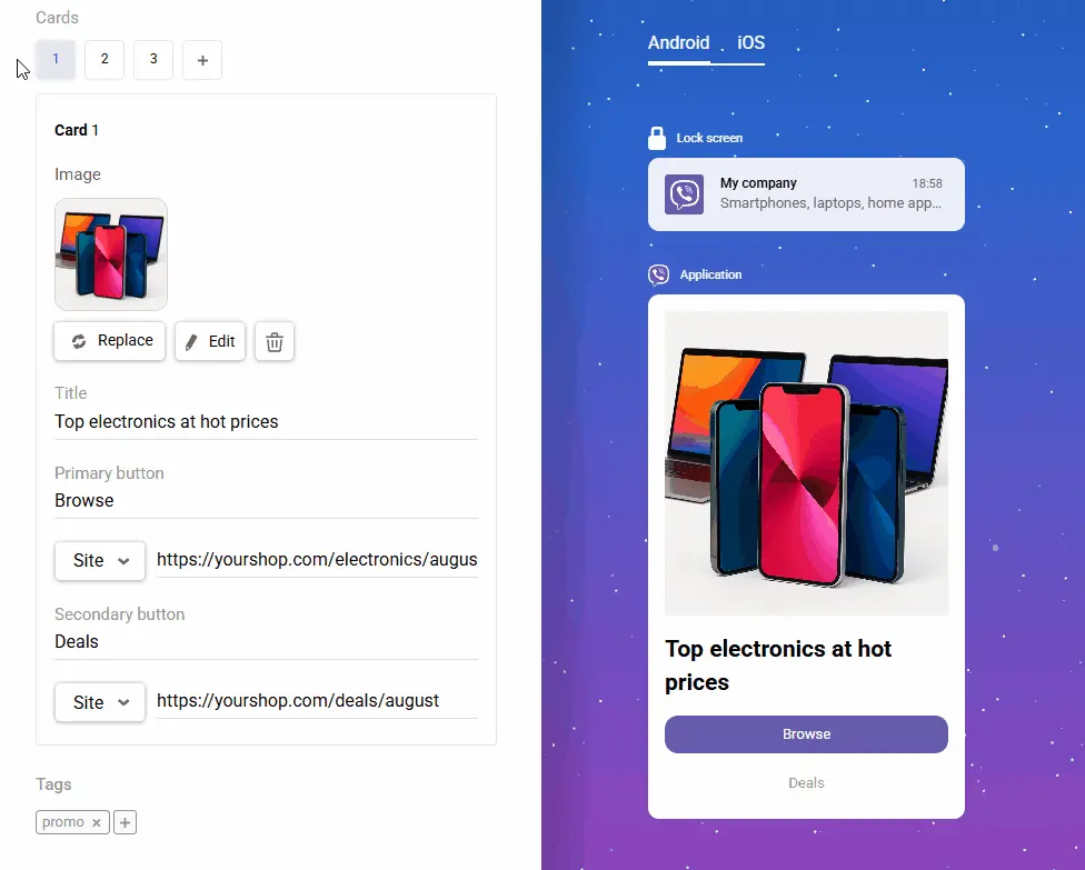 Creating a Viber message with a card carousel