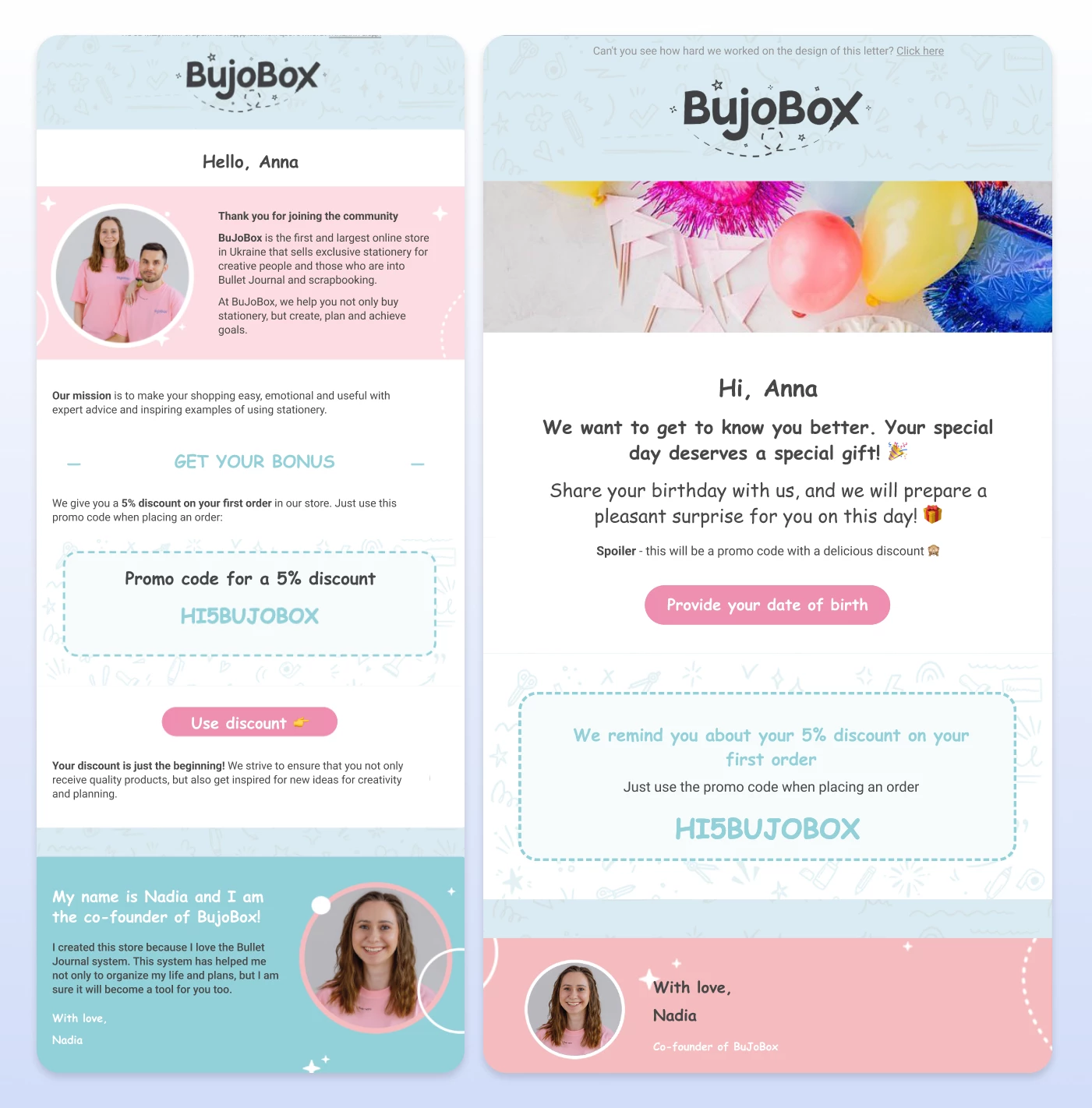 First and fourth emails from the BuJoBox welcome series