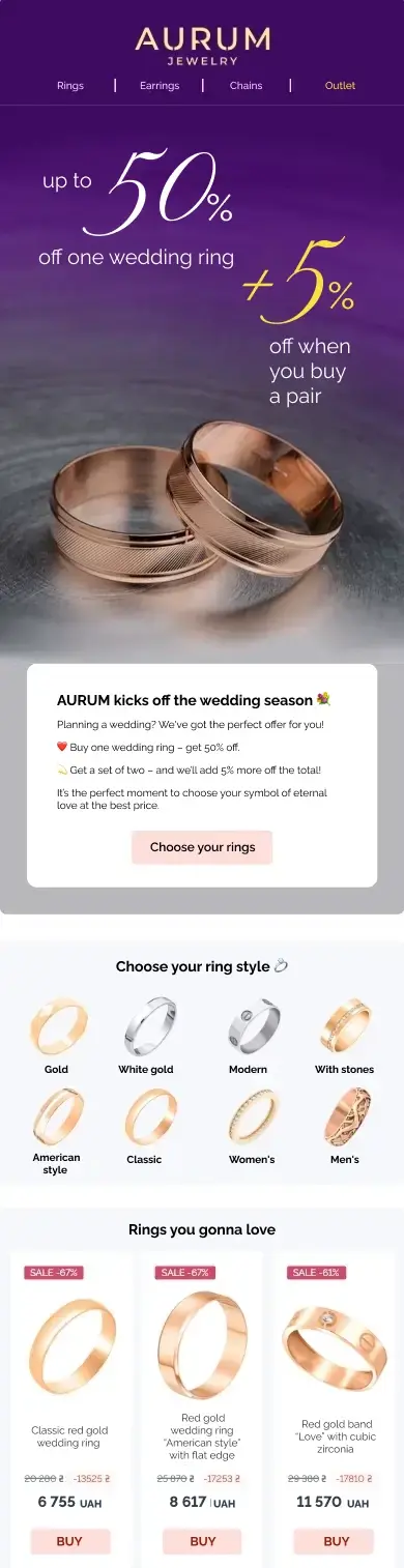 Email promoțional cu recomandări personalizate pentru cei interesați de inele de logodnă Email promoțional cu recomandări personalizate pentru cei interesați de inele de logodnă