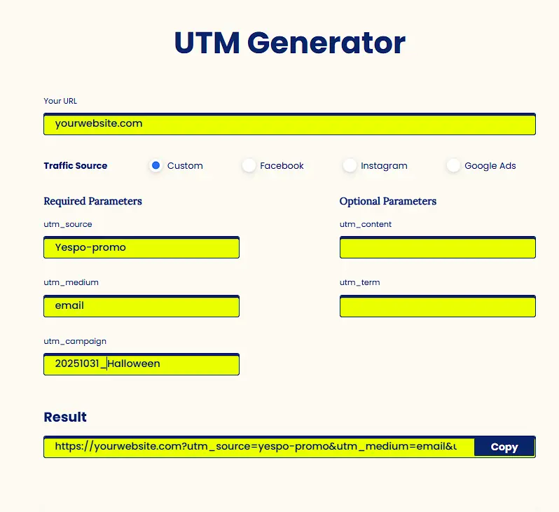 Generating a UTM link on the Yespo website