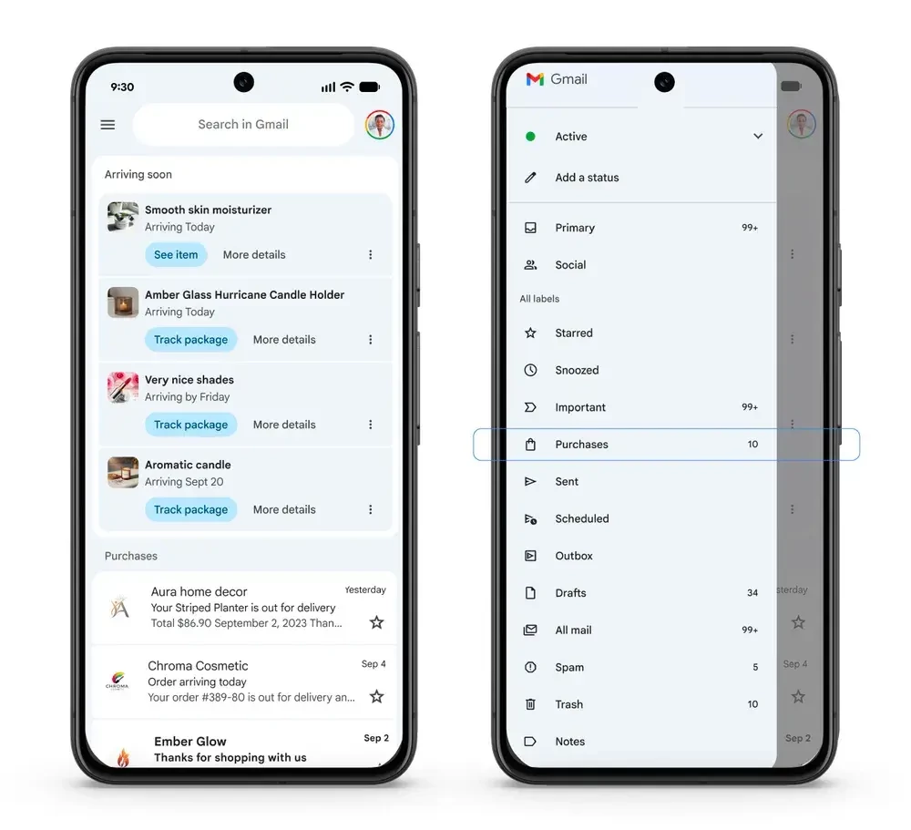 The Purchases view in Gmail