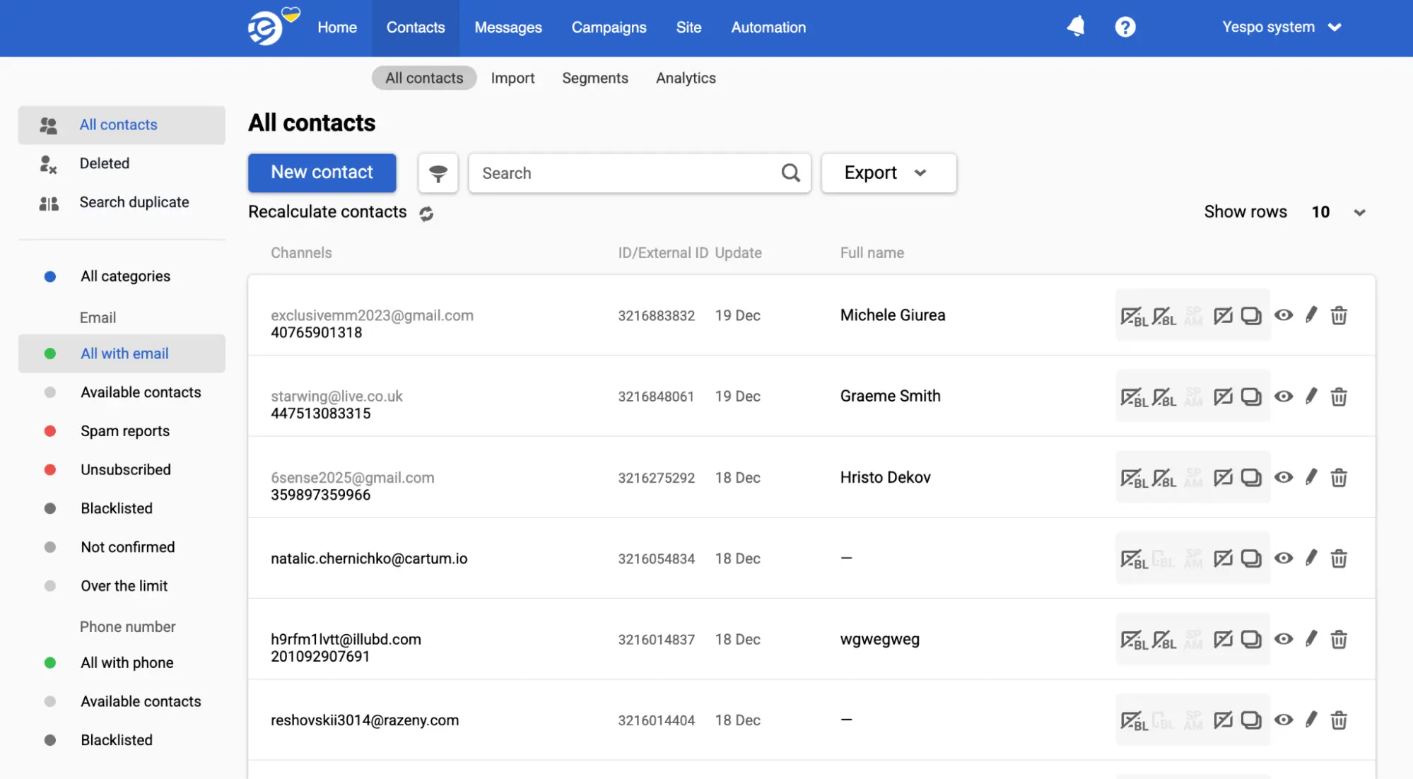 Contact list management in Yespo