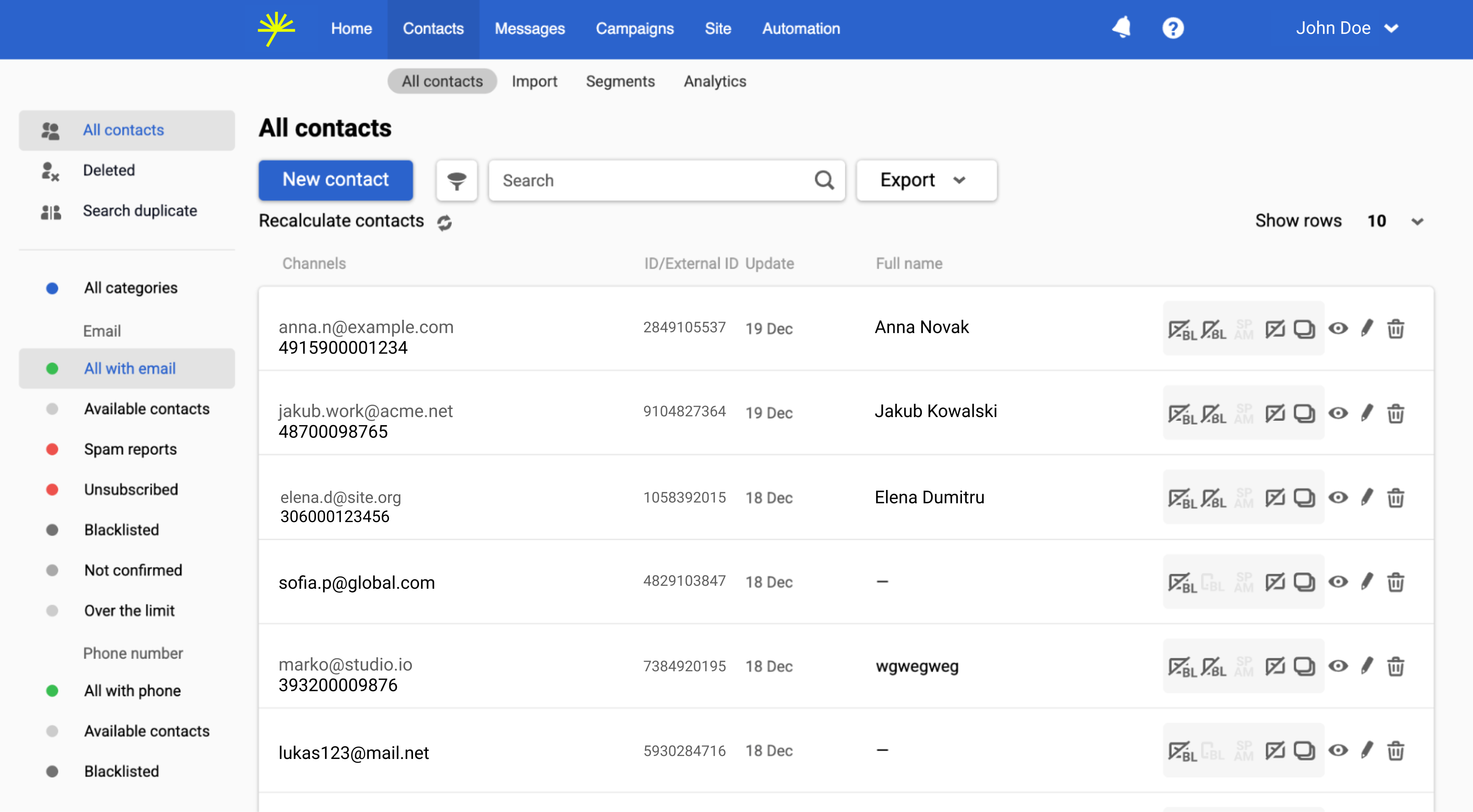 Managementul listelor de contacte în Yespo