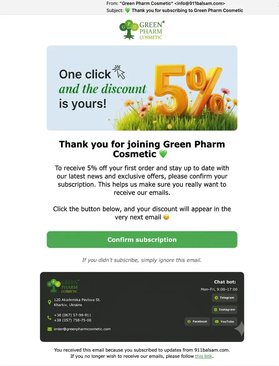 Example of the first email sent after subscribing on the website