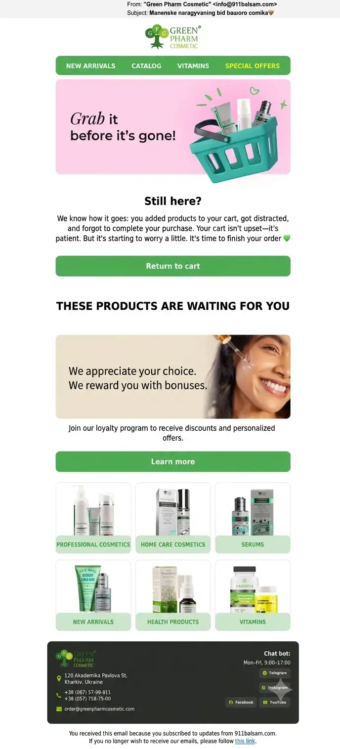 Example of an abandoned cart email