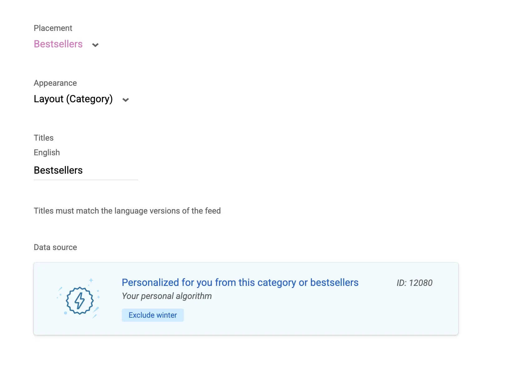 Settings for customizing the “Sales hits” recommendations