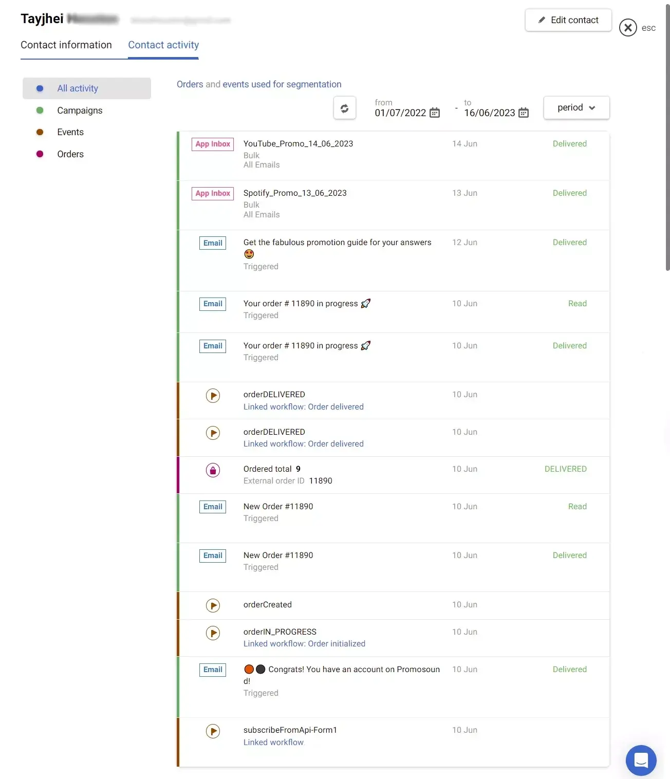 Aktywność kontaktu w Yespo CDP Aktywność kontaktu w Yespo CDP