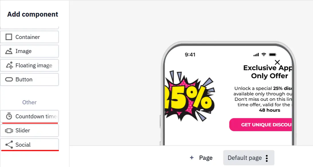 The new components in the In-App editors left panel
