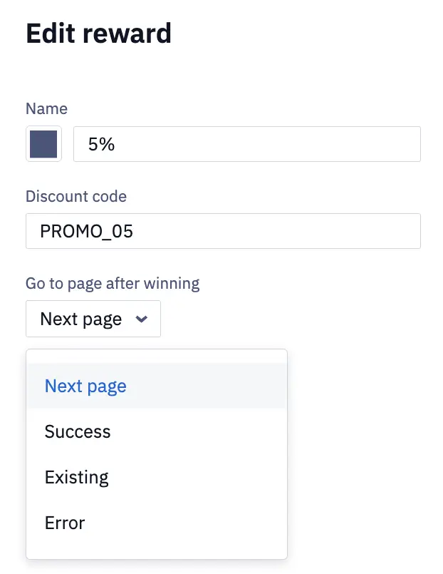 The Go to page after winning field in the prize settings