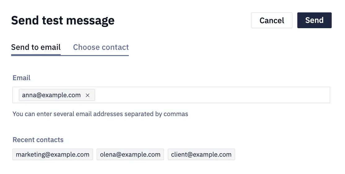 Recent contacts on the test-sending screen