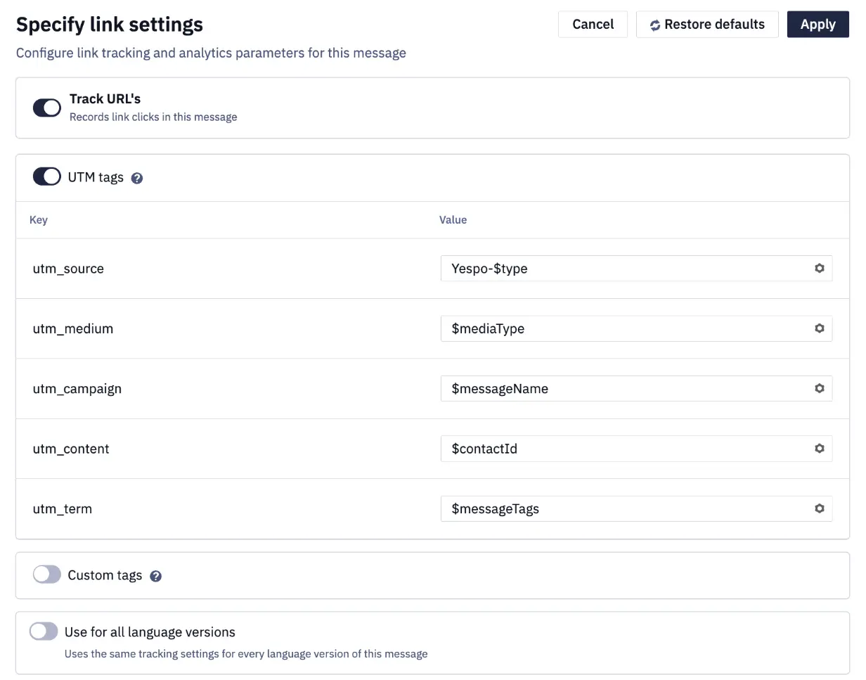 Link settings of an email