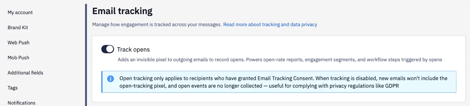 The open-tracking toggle in settings