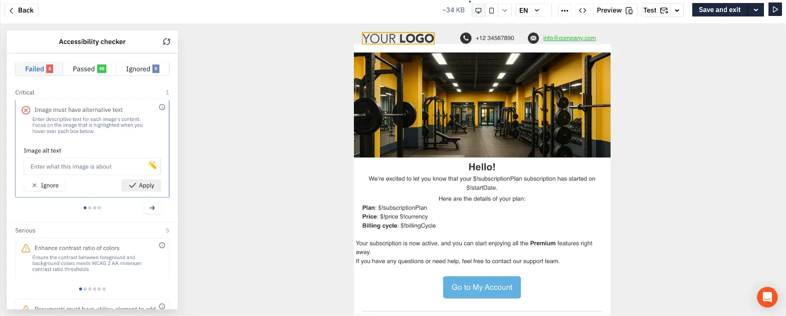 The accessibility checker panel with scan results