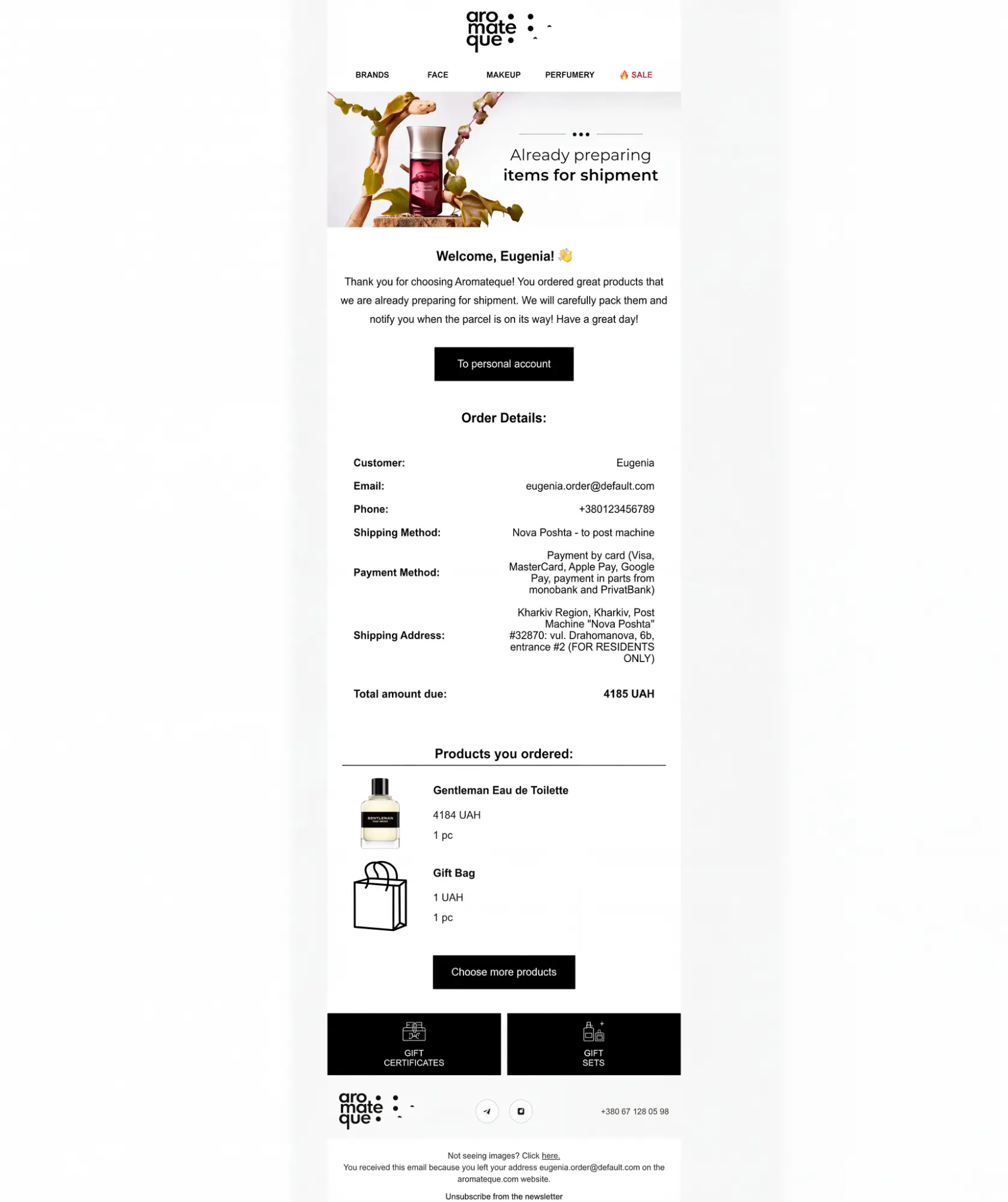 Aromateque Thank You for Your Order Message