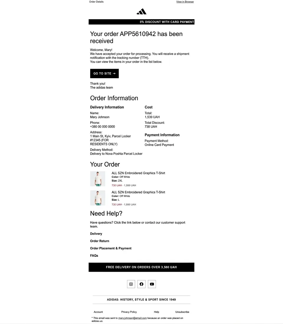 Adidas Thank You for Your Order Message