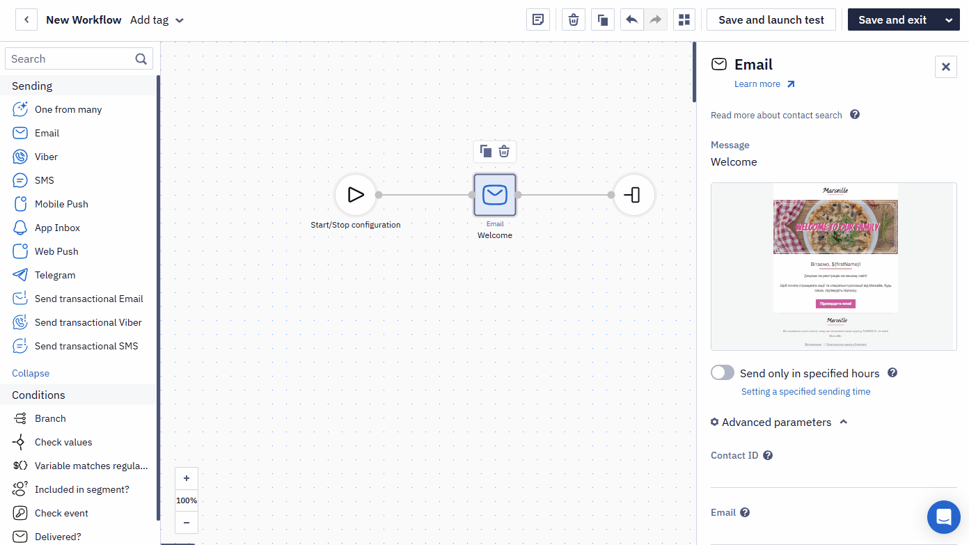 Editing a message in the workflow editor Editing a message in the workflow editor