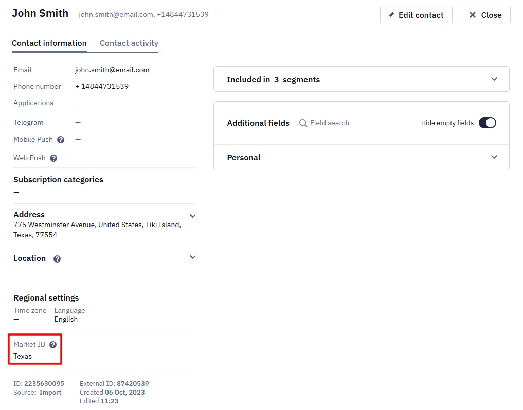 Market ID in a contact profile Market ID in a contact profile