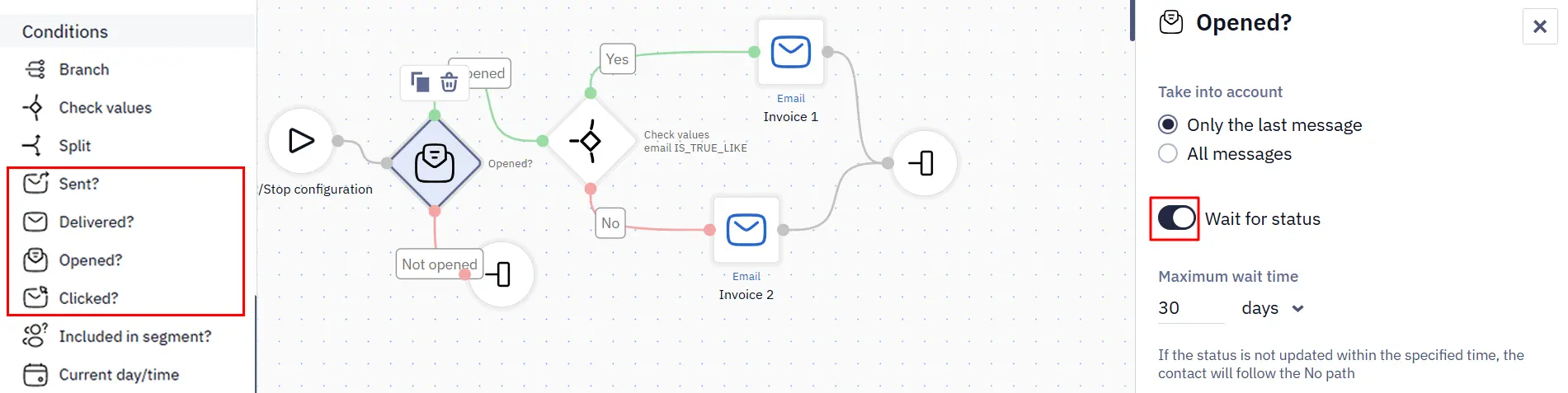 The Wait for status toggle in a workflow block The Wait for status toggle in a workflow block
