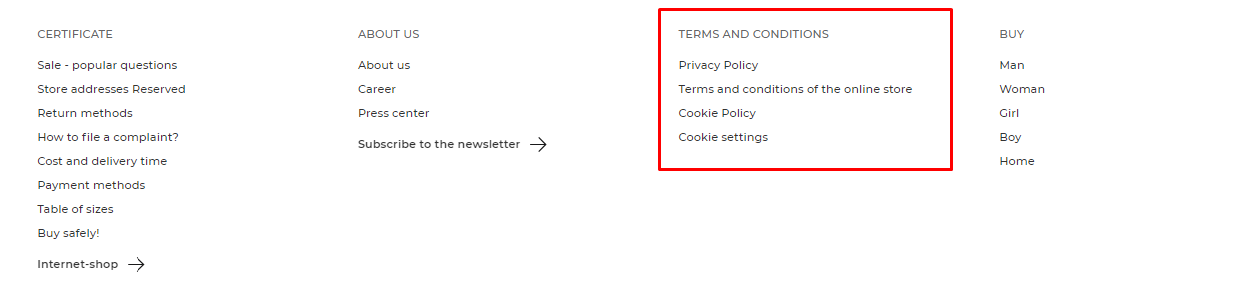 Legal data in the website footer