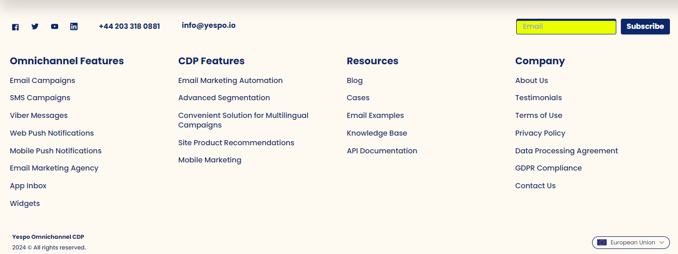 Placement of the website sections