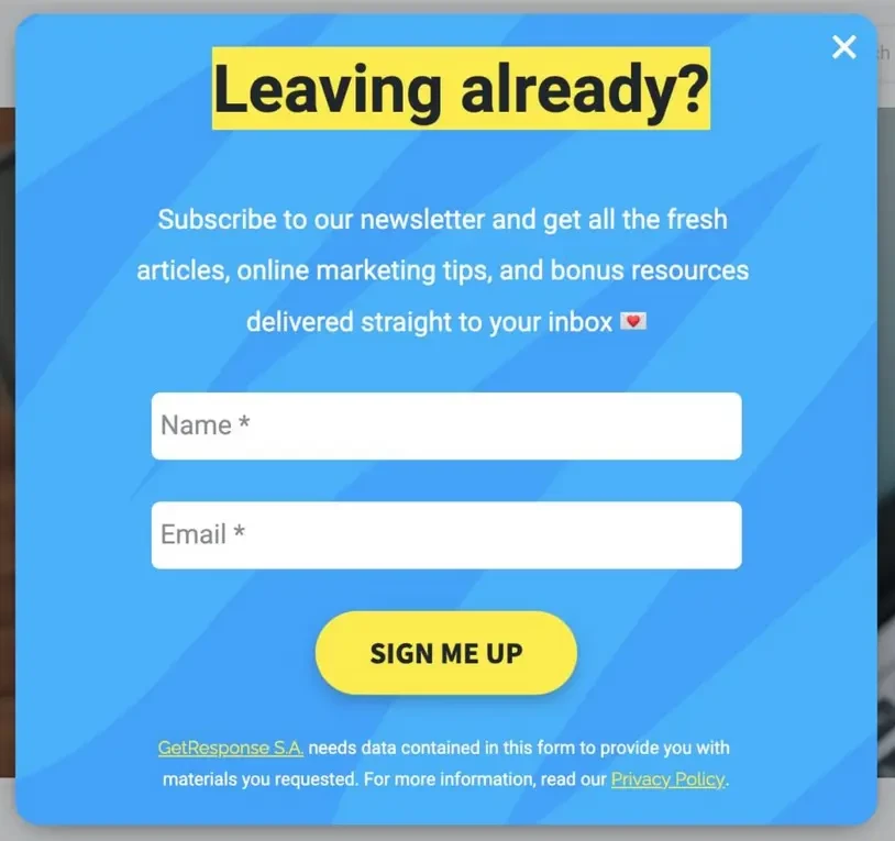 Example of email capture form triggered by leaving a page